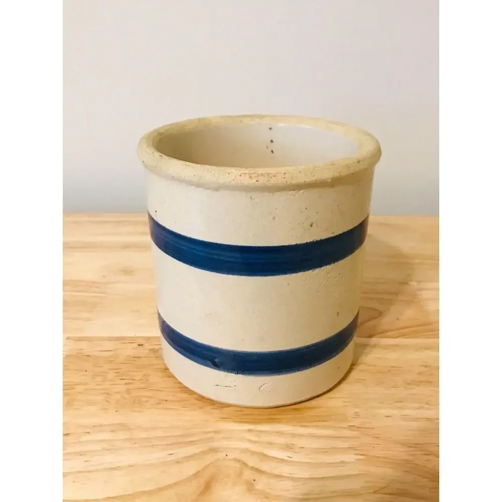 Vintage Blue Band Stoneware Crock Pottery Glazed Primitive Americana 1 Qt USA
